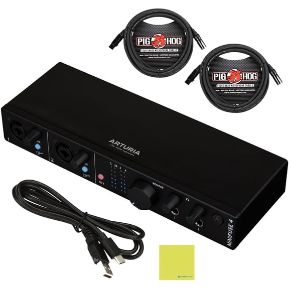 Arturia MiniFuse 4 Versatile Desktop USB Audio Interface Black Bundle with 2x Pig Hog 8mm XLR Microphone Cable 10ft and Liquid Audio Instrument Polishing Cloth - Portable Audio Interface for PC, Mac