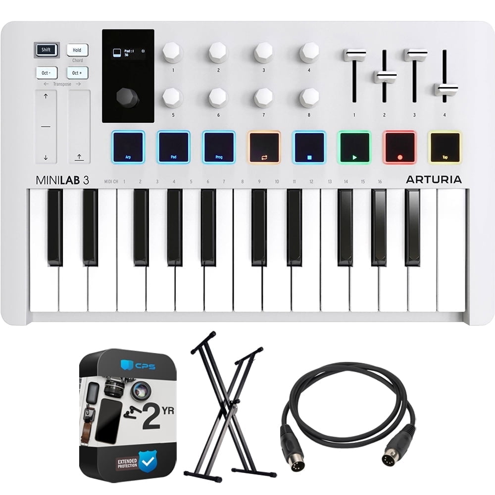 Arturia MiniLab 3 25-Key MIDI Controller Keyboard, White 231501 Bundle with OnStage KS7171 Double-X Keyboard Stand + 5-Ft Male-to-Male MIDI Cable + 2 Year Enhanced Protection Pack