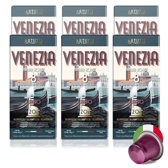 Artuzzi Lungo Venezia I 120ct Espresso Capsules Compatible with Nespresso Original Machines I Dark Roast I Intensity 8 I Aluminum & Recyclable Lungo Pods I Italian Roast
