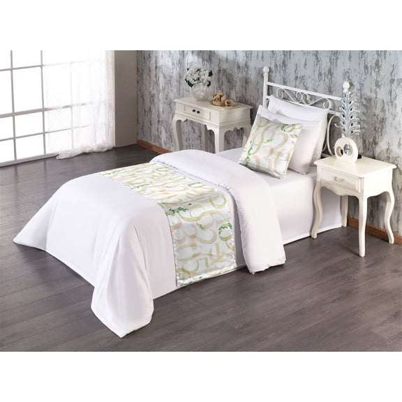 Artwork Bed Runner Set, Hand-Drawn Watercolor Style Repetitive Numbers with Leaves Plain Back, Decorative Bedding Scarf & a Pillow Sham for Hotels Homes, Twin, Olive Green Blush Dusk, by Ambesonne