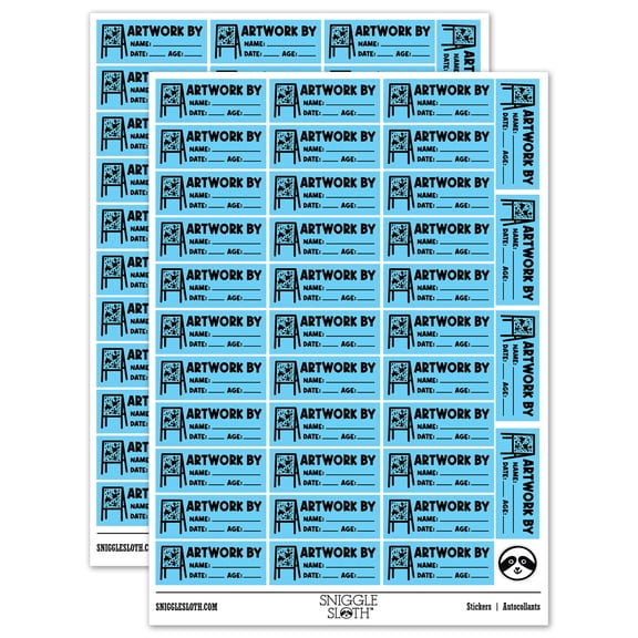 Artwork By Name Date Age Teacher Student School Sticker Set - Light Blue - Gloss Finish - 1.5" Small