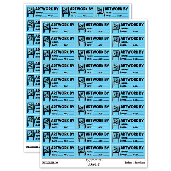 Artwork By Name Date Age Teacher Student School Sticker Set - Light Blue - Gloss Finish - 1.75" Medium