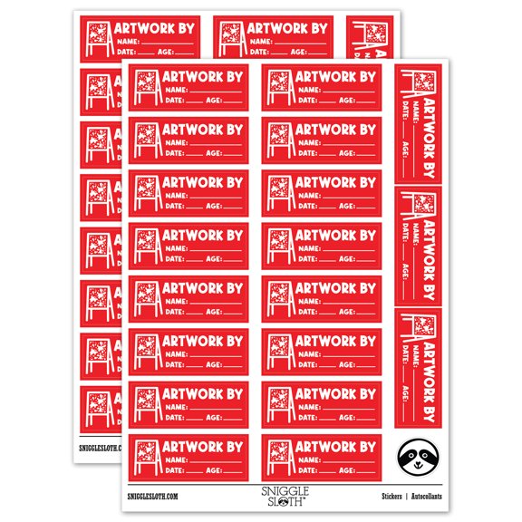 Artwork By Name Date Age Teacher Student School Sticker Set - Red - Gloss Finish - 2.00" Large