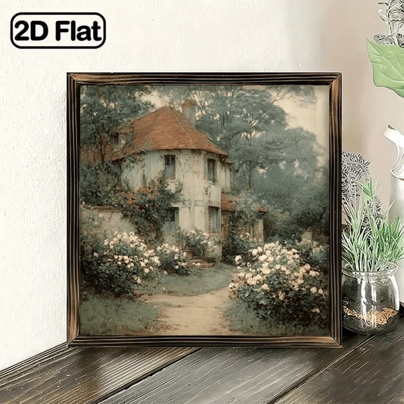 Artwork Featuring a Countryside Cottage Style Surrounded by Vibrant Flowers, Framed in a Vintage Wooden Frame Charming Rustic Style, Perfect for Home, Kitchen, Living Room, Office, Or C
