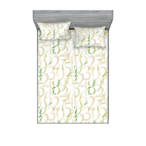 Artwork Fitted Sheet & Pillow Sham Set, Hand-Drawn Watercolor Style Repetitive Numbers with Leaves Plain Back, Decorative Printed 3 Piece Bedding Decor, Calking, Olive Green Blush Dusk, by Ambesonne