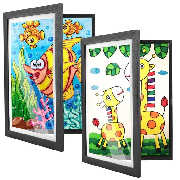 Kids Artwork Frames Set of 2, 200Pcs A4 Capacity, 9.8x12.9inch Art Picture Frame with Mat for Kids Drawings Hanging Display (Black)