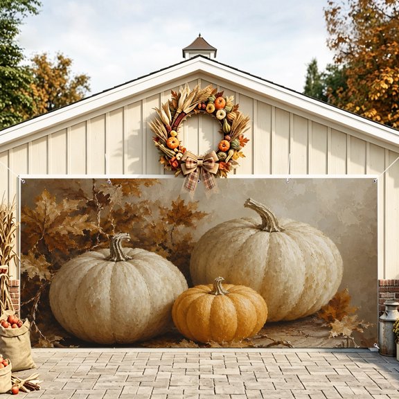 Artwork Pumpkins Fall Garage Door Banner 6.9x8 Ft, Autumn Maple Leaves Thanksgiving Outdoor Garage Door Cover for Holiday Party, Hanging Banner Backdrop Decoration Wall Decor Flag