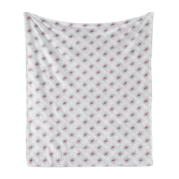 Artwork Soft Flannel Fleece Throw Blanket, Delicate Roses and Square Motifs and Stripes Blossoming Vintage Feminine, Cozy Plush for Indoor and Outdoor Use, 70" x 90", Multicolor, by Ambesonne