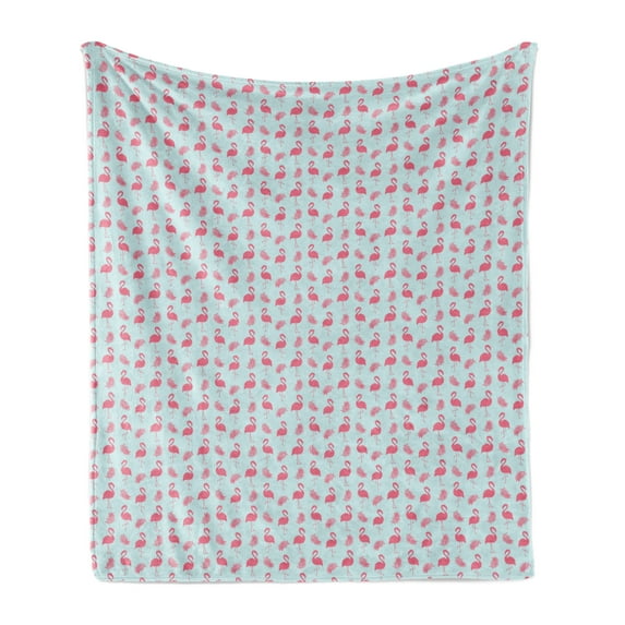 Artwork Soft Flannel Fleece Throw Blanket, Flamingo and Tropical Leaves Slender Silhouette, Cozy Plush for Indoor and Outdoor Use, 70" x 90", Dried Rose and Baby Blue, by Ambesonne