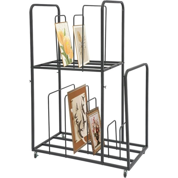 Artwork Storage Rack, 2-Tier 4 Universal Wheels (2 Equipped with Braking Function) Mobile Iron Canvas Storage Display Rack with Armrests for Canvas Board Drawing Board Panel Paper Pad for Art Studios