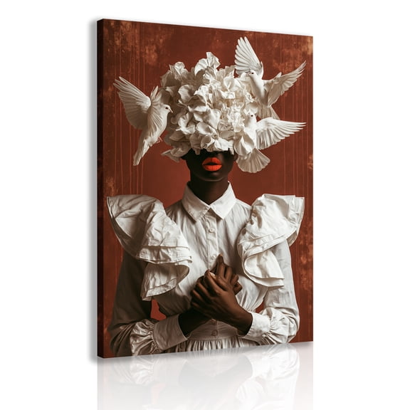 Artwork featuring Black women wearing white flowers and doves; canvas prints of floral portraits; Africa-centric floral wall hangings; living room or bedroom home decor poster frames.
