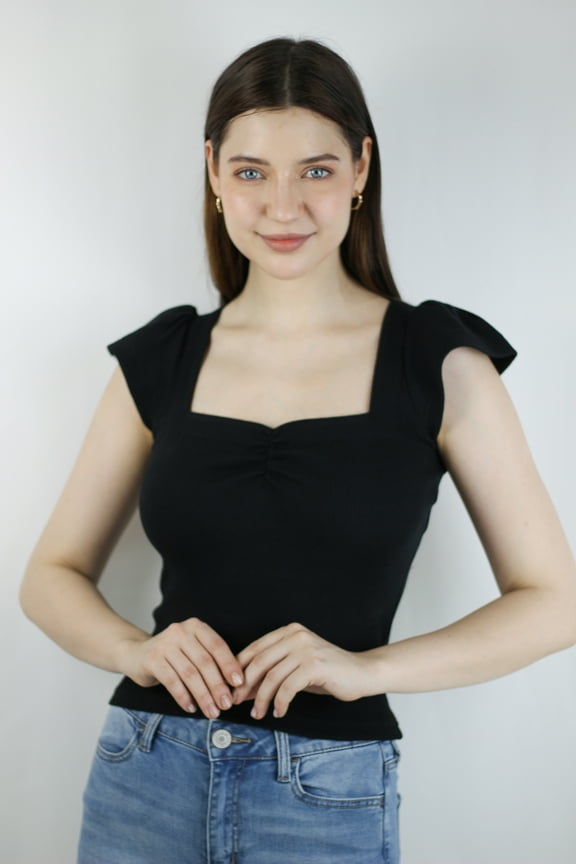 Women's Black Sweetheart Cap Sleeve Ribbed Crop Top