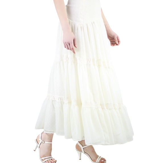 Artyska Women's Boho High Waist A Line Flowy Swing Layered Lace Yoke Maxi Skirt