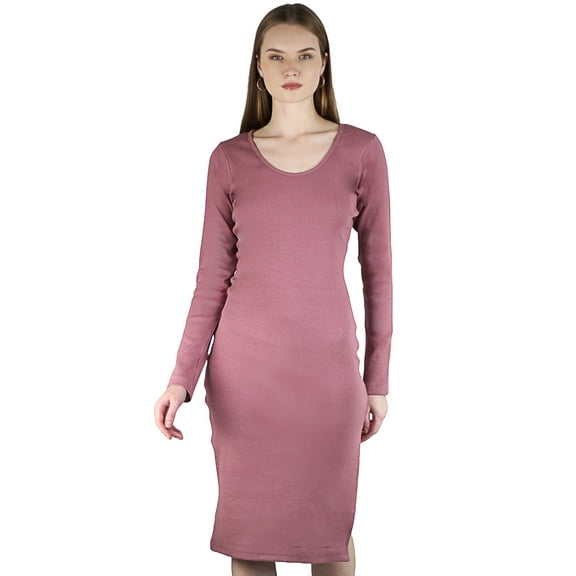 Artyska Women's Casual Bodycon Long Sleeve Round Neck Ribbed Side Slit Club Party Midi Dresses