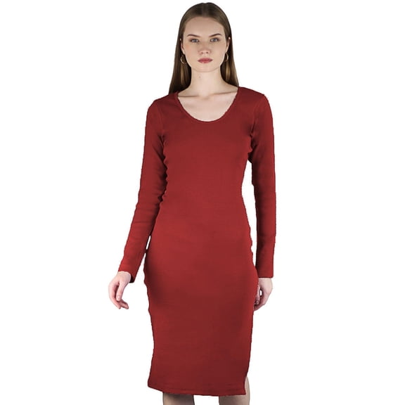 Artyska Women's Casual Bodycon Long Sleeve Round Neck Ribbed Side Slit Club Party Midi Dresses