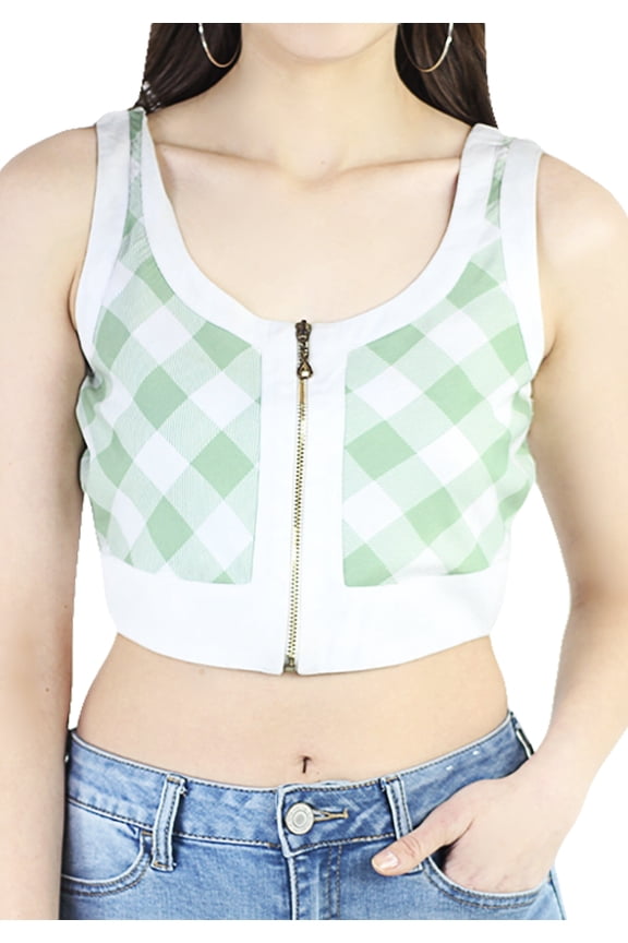 Women's Casual Round Neck Checkered Print Sleeveless Crop Top/Blouse