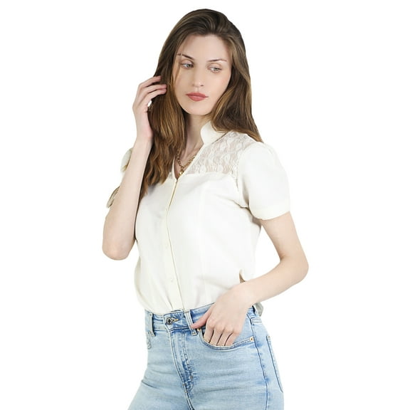 Artyska Women's Linen White Button Down Short Sleeve V-Neck Shirt Top with Lace