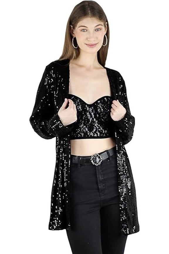 Women's Sparkling Sequin Cover Up Loose Open Front Long Sleeve Cardigan Coat Dress for Evening Party