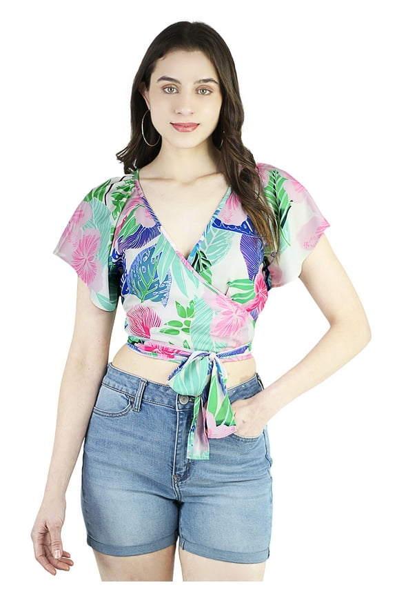 Women's Summer V-Neck Flutter Sleeve Tie Knot Wrap Crop Top