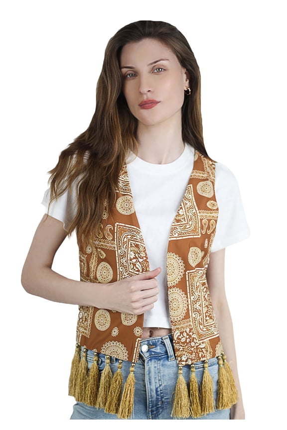 Womens Vintage Printed Boho Sleeveless Tassels Vests