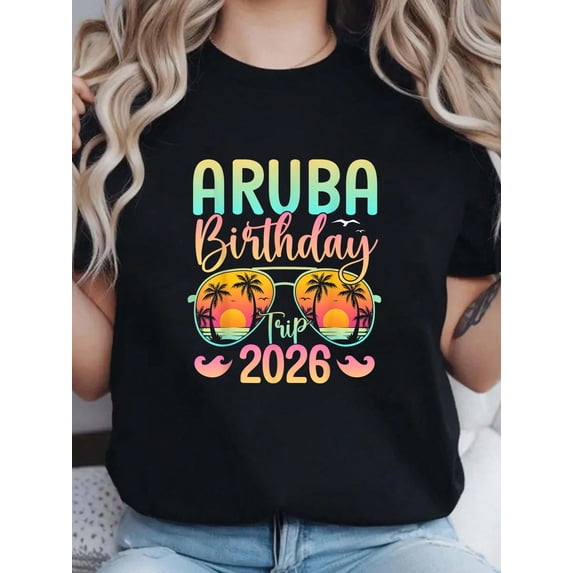 Aruba Birthday Trip 2026 Vintage Sunset Palm Trees Sunglasses Graphic Women Men Cotton Men's Women's Tee Shirt