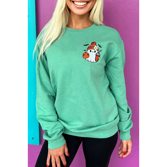 Aruba Blue Cute Halloween Ghost Embroidered Casual Sweatshirt