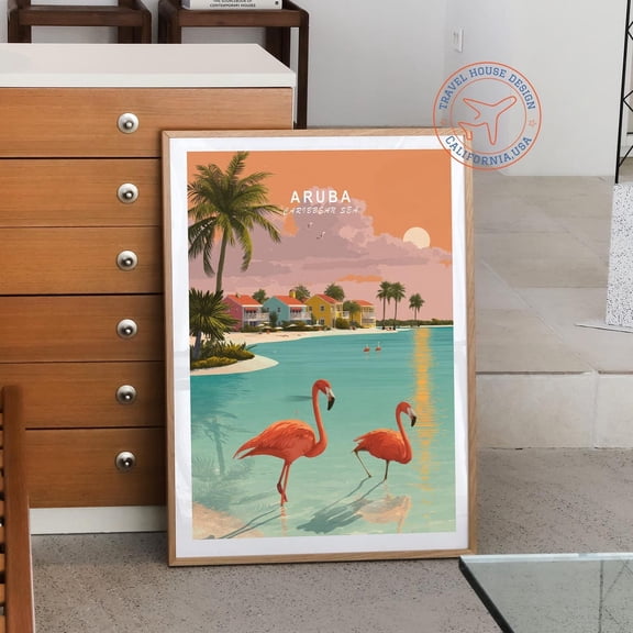 Aruba Caribbean Flamingo Beach Wall Art, Unframed Paper Print Size 8x12