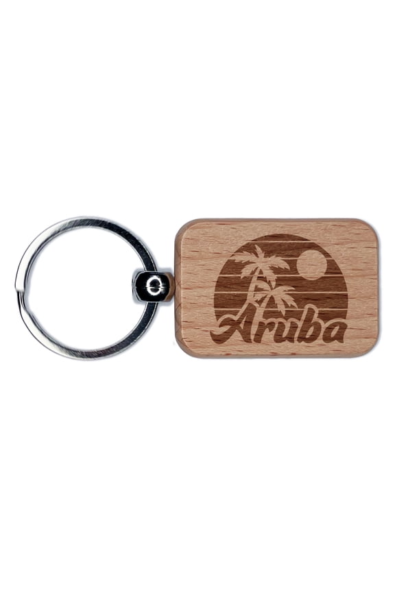 Aruba Destination Tropical Sunset with Palm Trees Rectangle Keychain Charm Tag - Engraved Wood