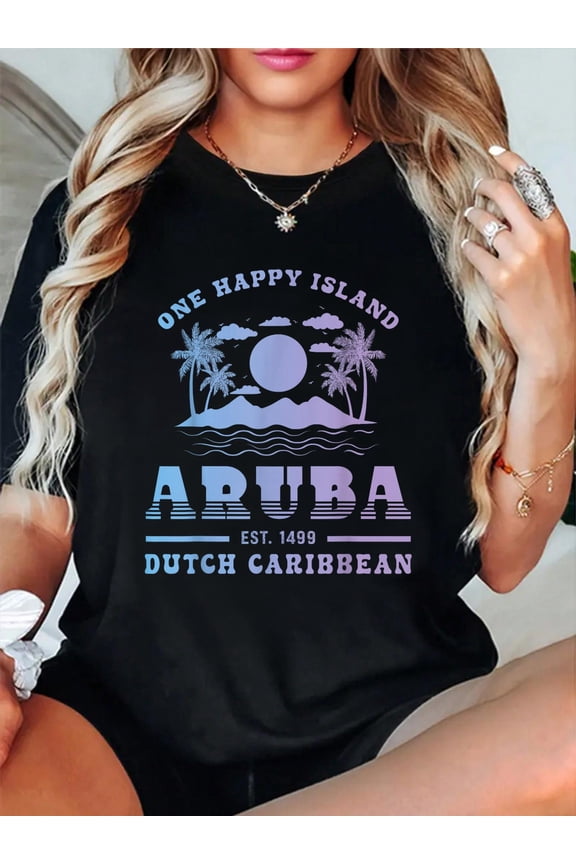 Aruba Island Beach Vacation Trip Summer Caribbean Souvenir T-Shirt casual short sleeve crew neck cotton tee tops for women