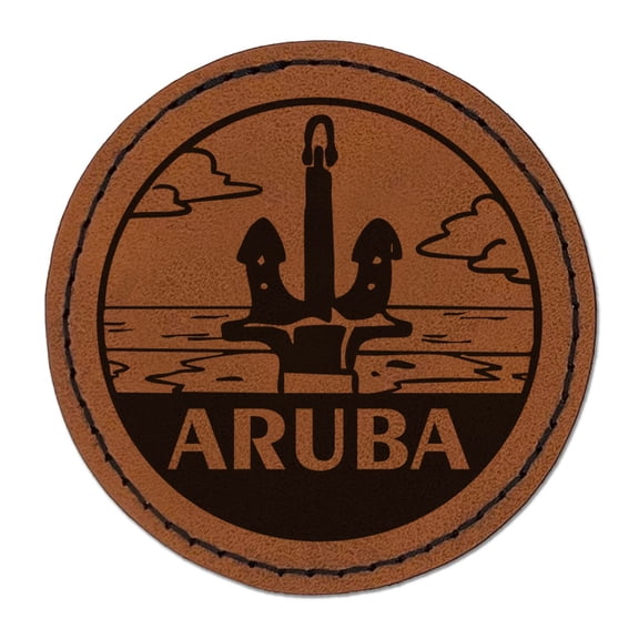 Aruba Red Anchor Country Destination Travel Landmark Round Iron-On Engraved Faux Leather Patch Applique - 2.5 Inch - Brown