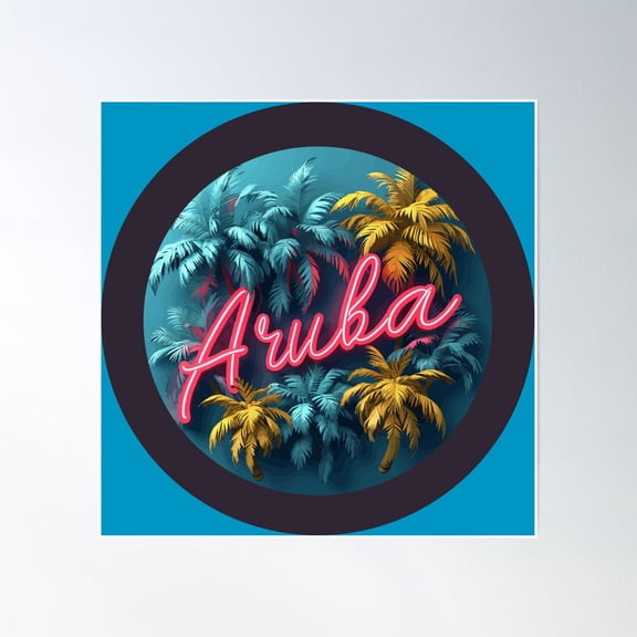 Aruba (With Black Border And Neon Lettering) Poster Wall Art, Modern Wall Decor, 24x24 UNFRAMED