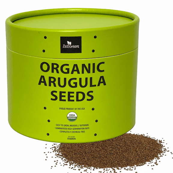 Arugula Microgreens Seeds - Non-GMO, Heirloom, Chemical-Free, Grown in the USA. Packed in a colorful, food-grade container with a lid for easy scooping and longer freshness. (0.5 lb)