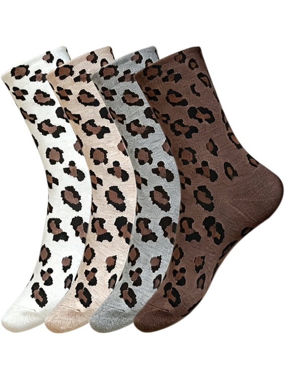 Womens Leopard Print Crew Socks, Shoe Size 5-9, 4 Pairs Multi Color Pack