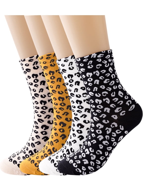 Womens Leopard Print Crew Socks, US Shoe Size 5-9, 4 Pairs Assorted Colors
