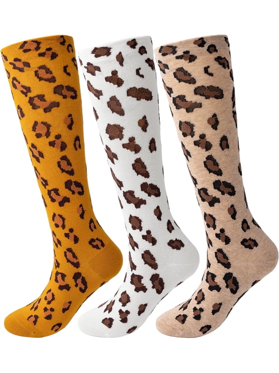 Womens Leopard Print Knee High Socks, US Shoe Size 5-9, 3 Pairs White Brown Yellow
