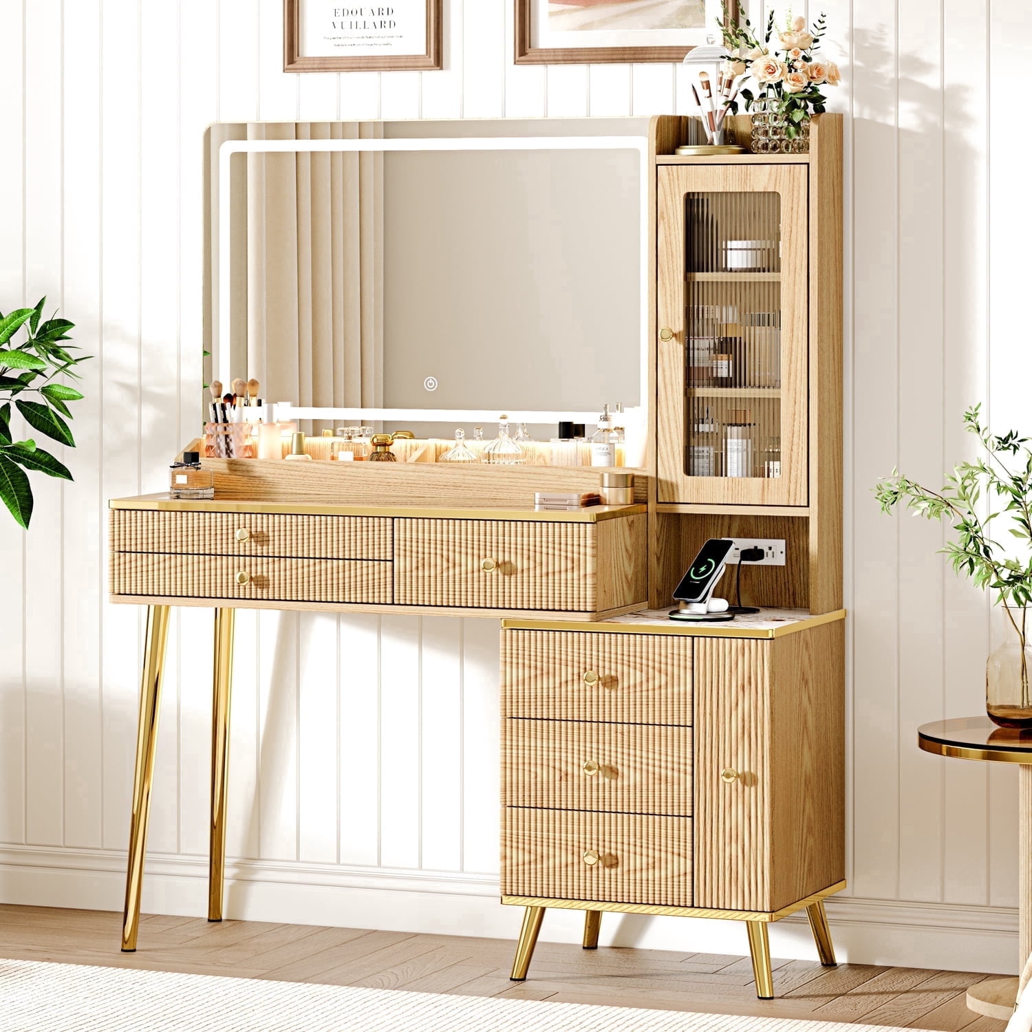 Arulvmrn 46.85" Lighted Makeup Vanity Desk, 7 Drawers, Charging Station, Oak