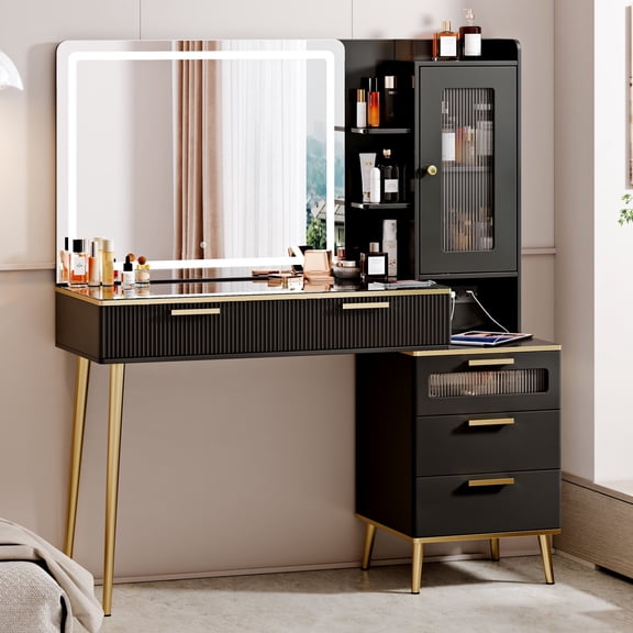 Arulvmrn 47.24" Big Modern Vanity Desk with Mirror and Lights,Makeup Vanity Desk with 5 Drawers and Storage Shelves & Power Outlet,Dressing Table with Glass Top, Black