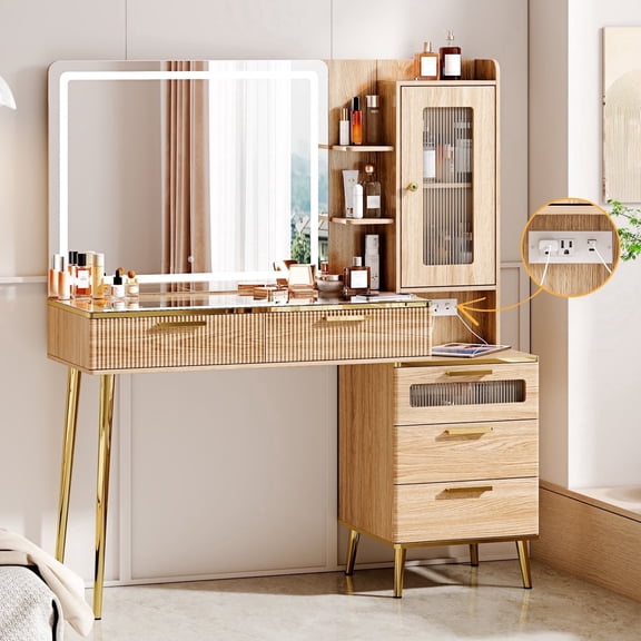 Arulvmrn Vanity Desk 47.24", HD Lighted Mirror w/ 3-Color Touch, 5 Drawers, Charging, Oak