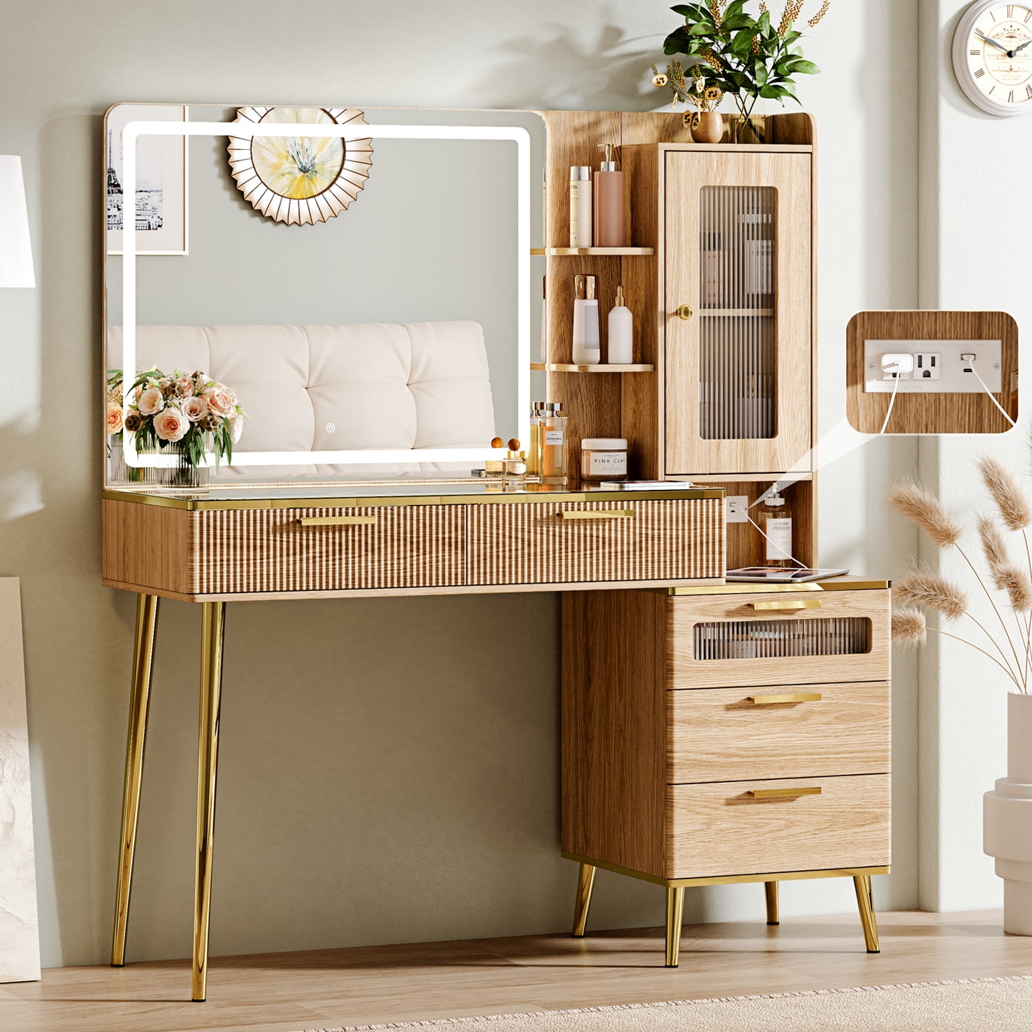 Arulvmrn Vanity Desk 47.24", HD Lighted Mirror w/ 3-Color Touch, 5 Drawers, Charging, Oak