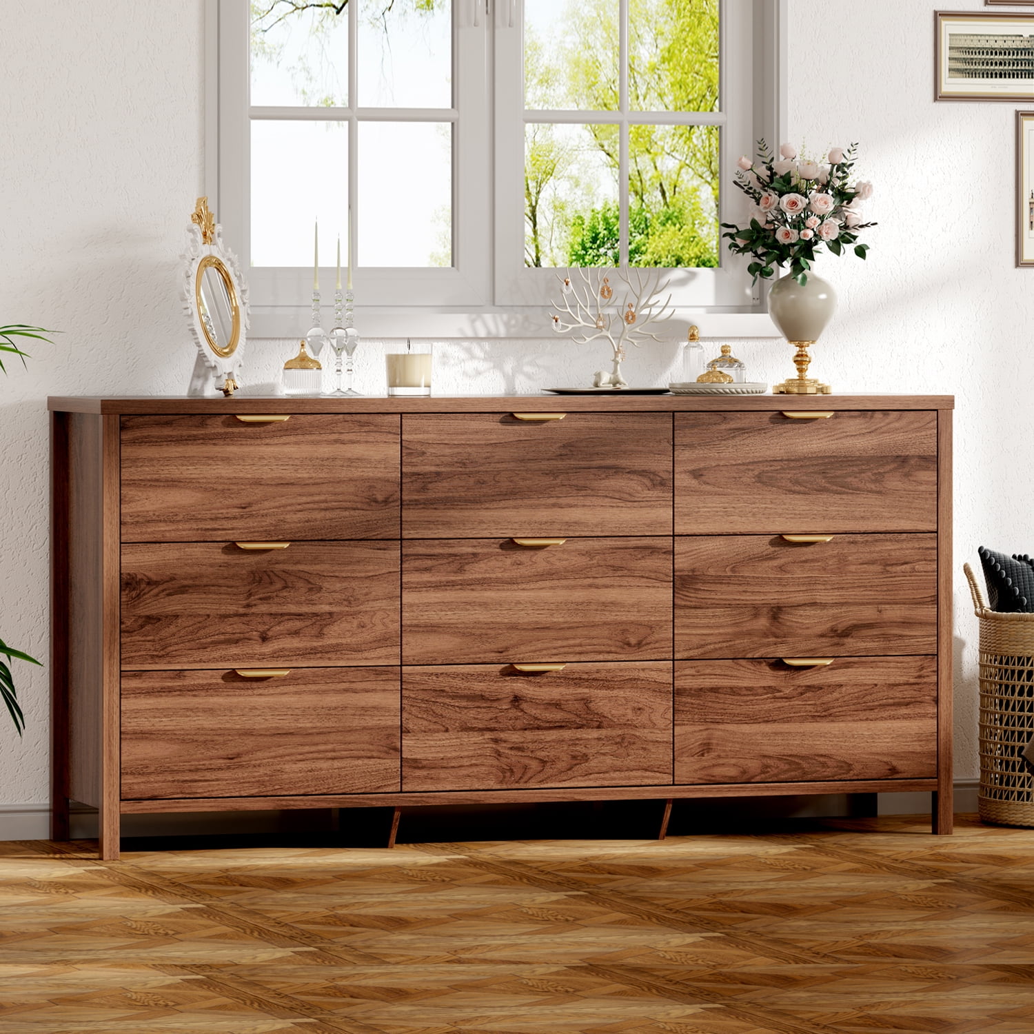 Arulvmrn medieval-style 9-drawer dresser, 63" chest, wood organizer for bedroom/living room, walnut.