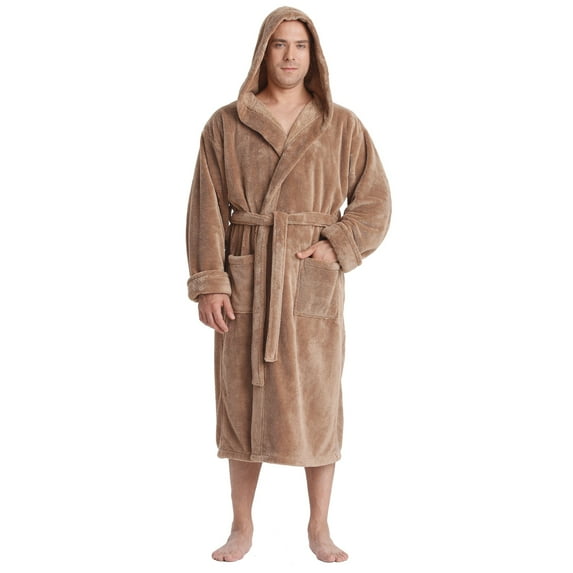 Arusa Int. Men's Hooded Sateen Touch Fleece Bathrobe Turkish Soft Plush Robe Camel XXL