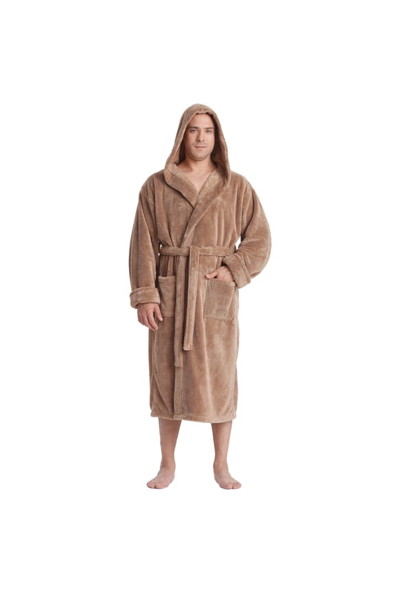 a Int. Men's Hooded Sateen Touch Fleece Bathrobe Turkish Soft Plush Robe Camel XXL