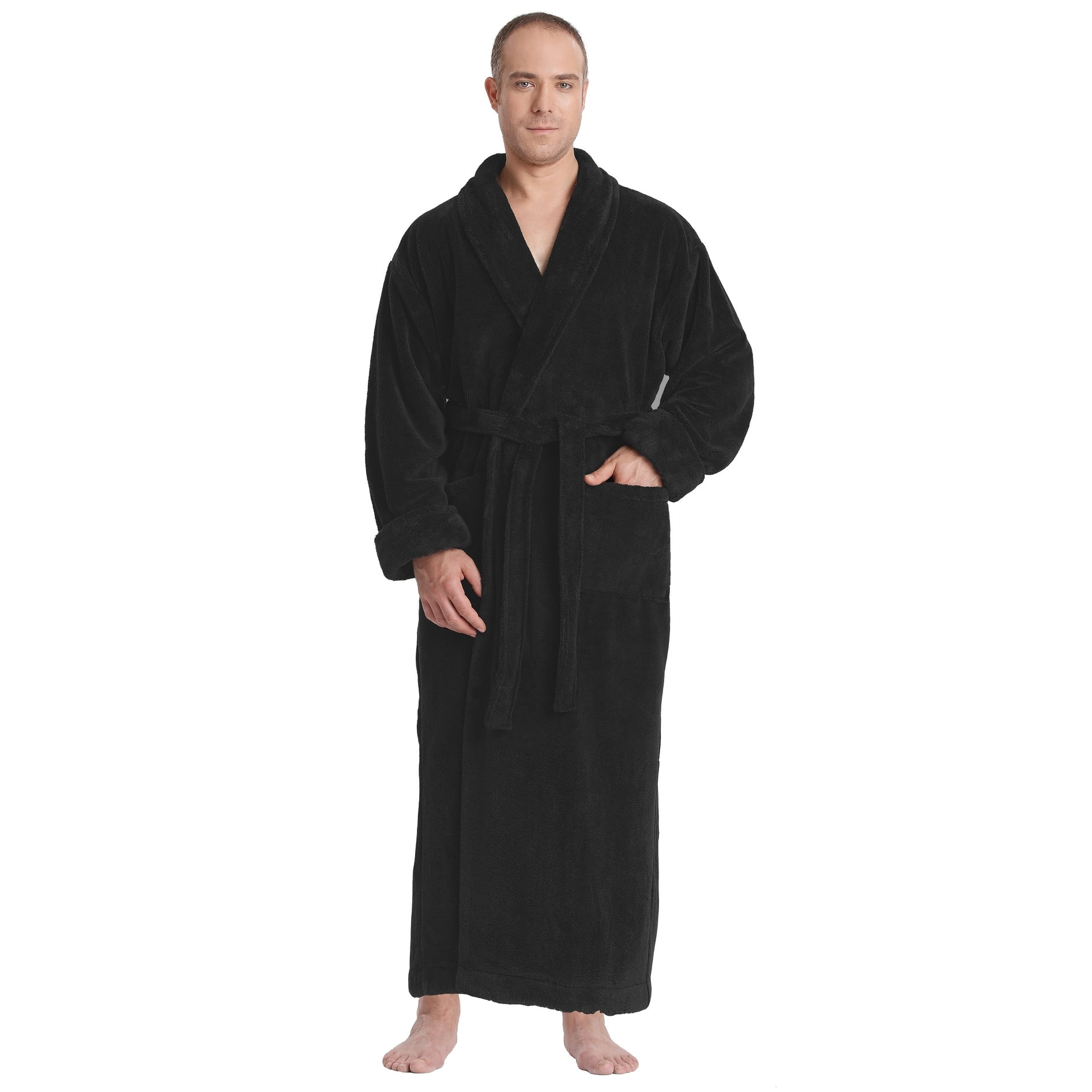 Men's Black Shawl Collar Premium Fleece Bathrobe S-M Ankle Length