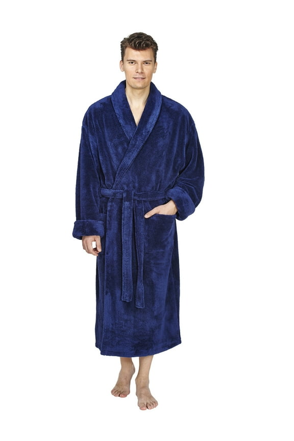 a Int. Men's Shawl Collar Premium Fleece with Full Ankle Length Bathrobe Navy Blue S-M