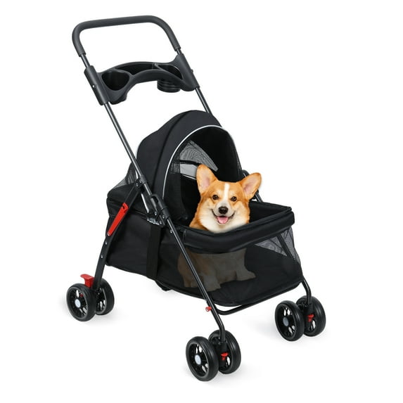 Aruwei 4 Wheels Dog Cat Stroller, Outdoor Travel Pet Folding Stroller, Dog Cat Cage Stroller with Cup Holder, Breathable and Visible Mesh for Medium Small Dog