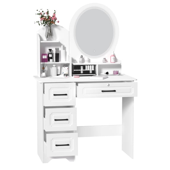 Aruwei Large Makeup Desk with Mirror, Vanity Desk with Storage Shelves, 4 Drawers, LED Light, Bedroom Dressing Table