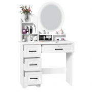 Aruwei Large Makeup Desk with Mirror, Vanity Desk with Storage Shelves, 4 Drawers, LED Light, Bedroom Dressing Table