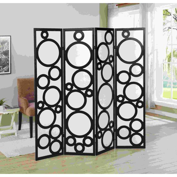 Arvada 4-Panel Room Divider with Circle Pattern, Black - Freestanding Privacy Screen for Living Room, Bedroom, Office, 70 Tall, Wood Frame