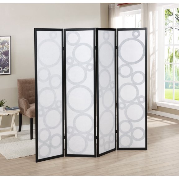 Arvada 4-Panel Room Divider with Circle Pattern, Black Wood Screen for Privacy, Space Saving Folding Partition 70 Inch Tall