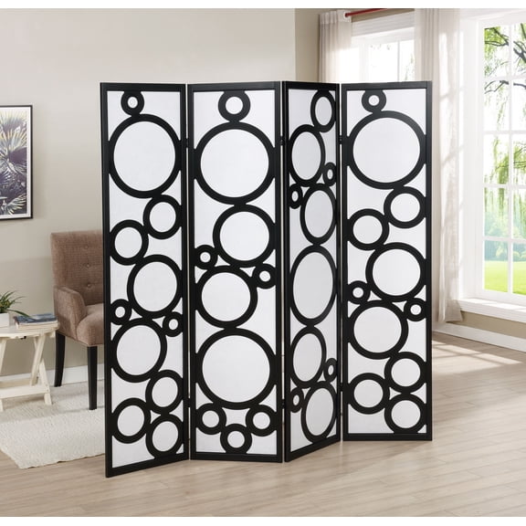 Arvada 4-Panel Wood Room Divider with Circle Pattern, Black,